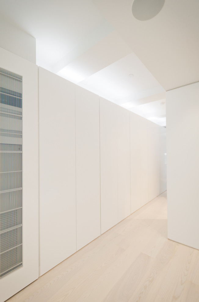 Large modern gender neutral standard wardrobe in New York with flat-panel cabinets, white cabinets and light hardwood flooring.