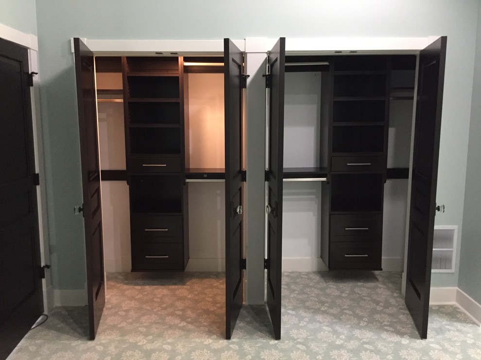 Mid-sized elegant women's carpeted walk-in closet photo in Other with raised-panel cabinets and dark wood cabinets