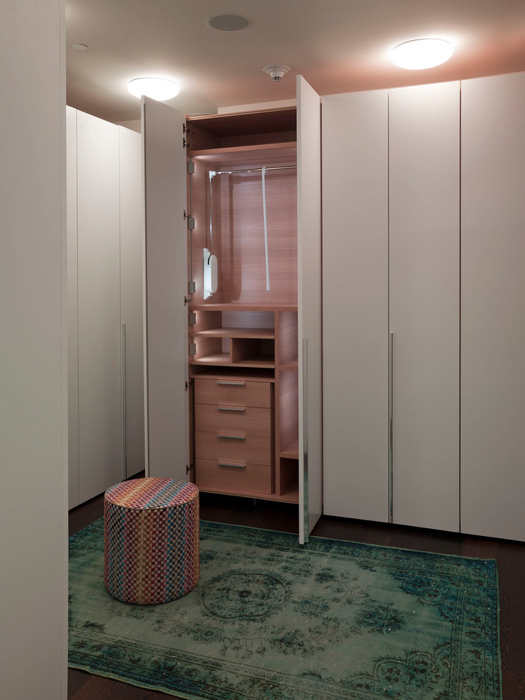 Cette image montre un dressing minimaliste de taille moyenne et neutre avec un placard à porte plane, des portes de placard blanches et parquet foncé.