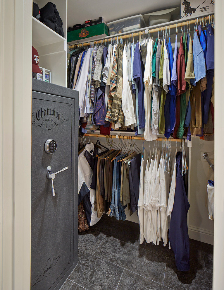 Walkin bathroom closet update with tile floor. Traditional Closet