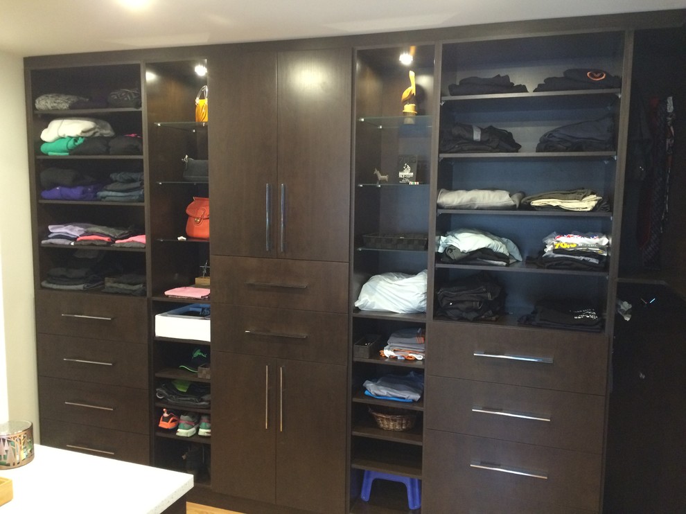 Photo of a large contemporary walk-in wardrobe in Ottawa with flat-panel cabinets, dark wood cabinets and light hardwood flooring.