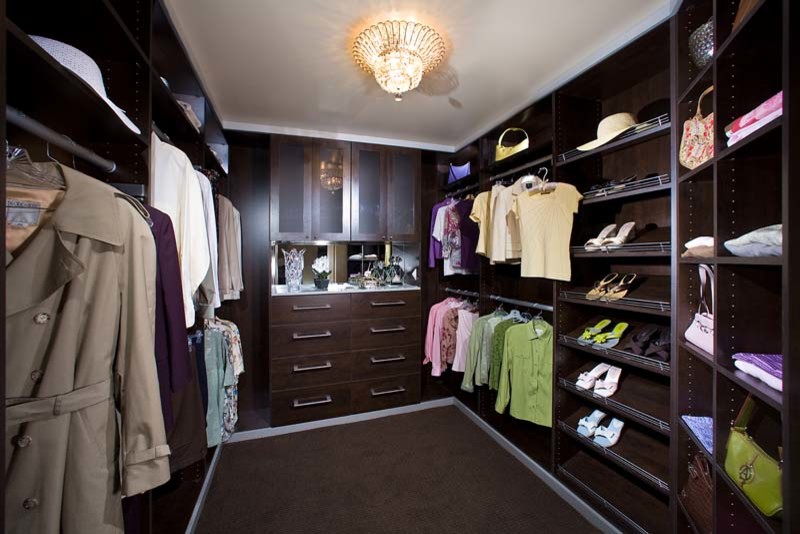Walk-in closet - mid-sized transitional gender-neutral walk-in closet idea in Los Angeles with medium tone wood cabinets and flat-panel cabinets