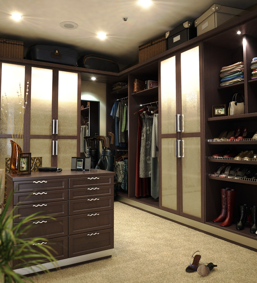 Example of a large transitional women's carpeted walk-in closet design in Los Angeles with medium tone wood cabinets and recessed-panel cabinets