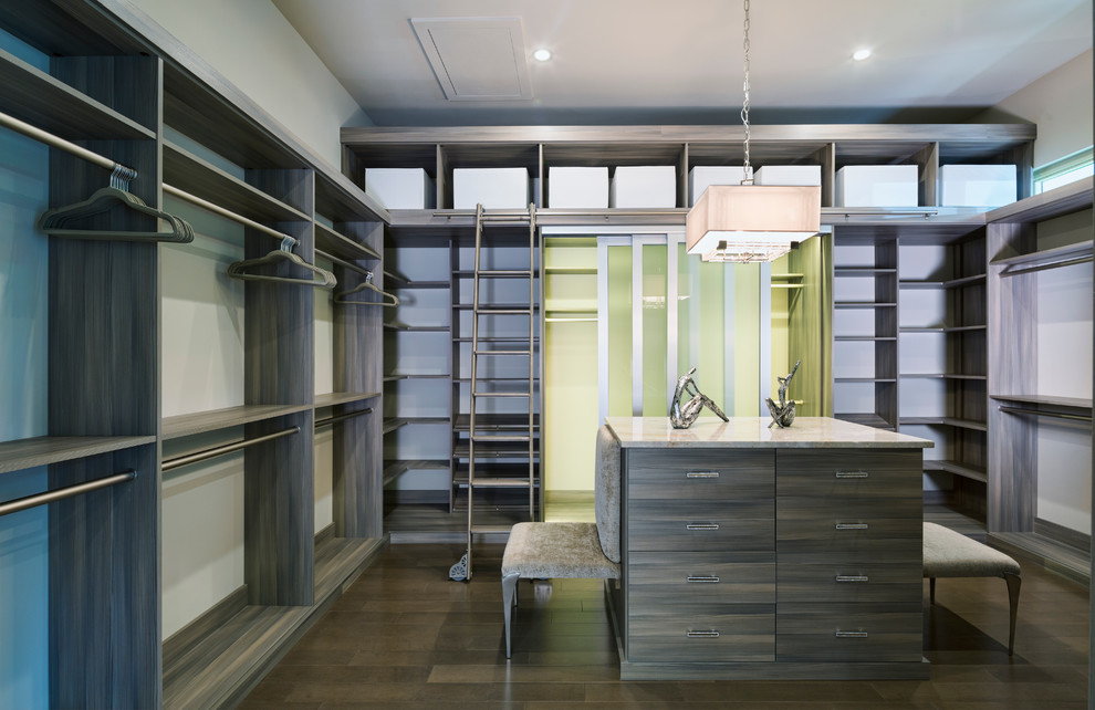 Идея дизайна: большая гардеробная комната унисекс в стиле неоклассика (современная классика) с серыми фасадами и плоскими фасадами