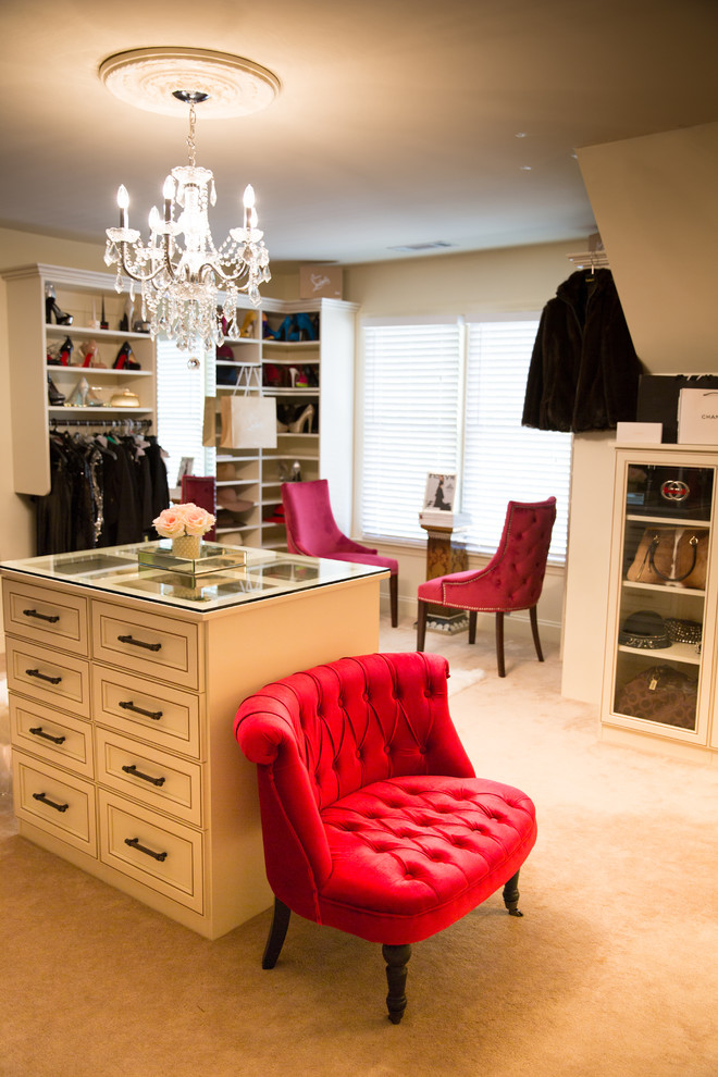 Example of a large cottage chic women's carpeted dressing room design in Atlanta with raised-panel cabinets and white cabinets