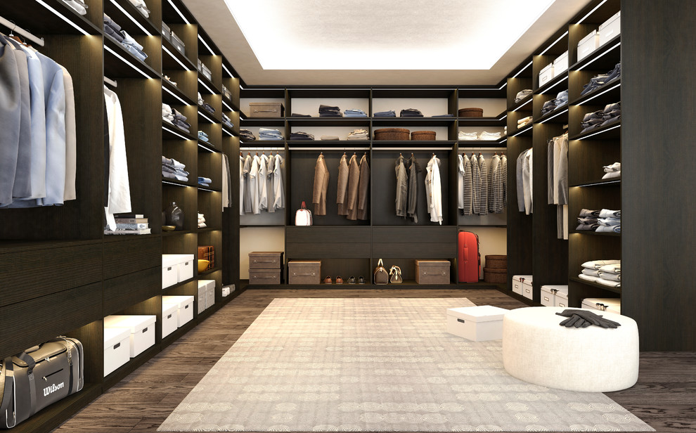 Modelo de vestidor minimalista grande con armarios abiertos y puertas de armario de madera en tonos medios
