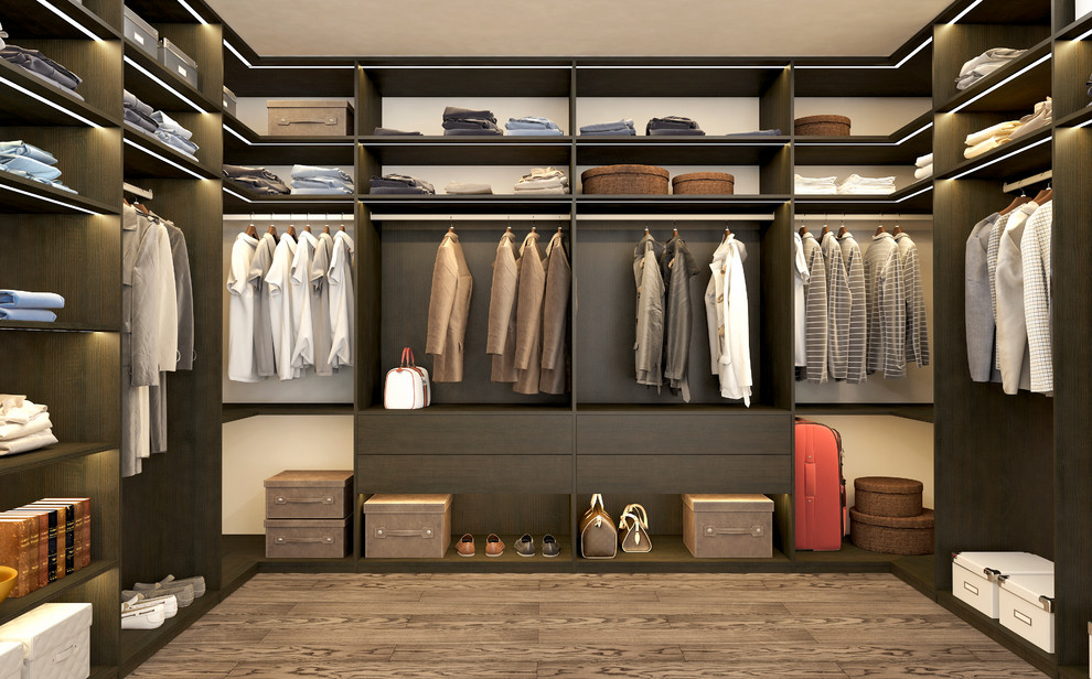 Large minimalist dressing room photo in New York with open cabinets and dark wood cabinets