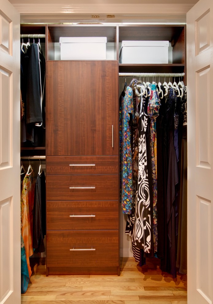 Ejemplo de armario unisex tradicional renovado pequeño con armarios con paneles lisos, puertas de armario de madera en tonos medios, suelo de madera en tonos medios y suelo marrón