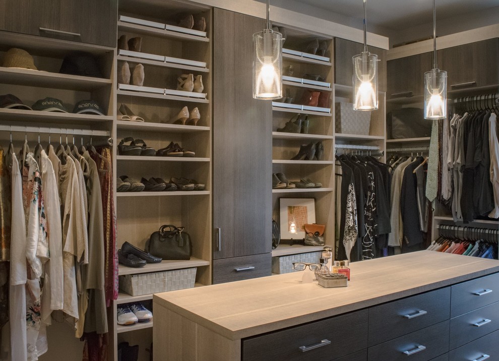 Inspiration for a large contemporary carpeted and beige floor walk-in closet remodel in Other with flat-panel cabinets and medium tone wood cabinets