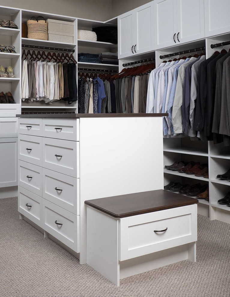 Inspiration for a large transitional gender-neutral carpeted walk-in closet remodel in Phoenix with shaker cabinets and white cabinets