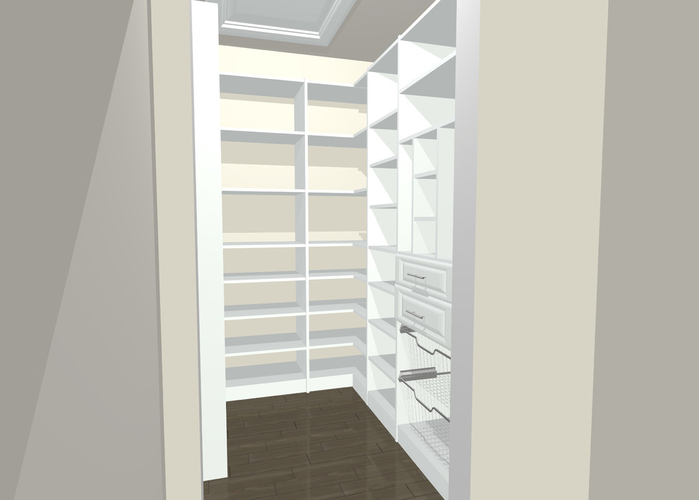 Foto de armario vestidor unisex contemporáneo de tamaño medio con armarios estilo shaker, puertas de armario blancas y suelo de madera oscura