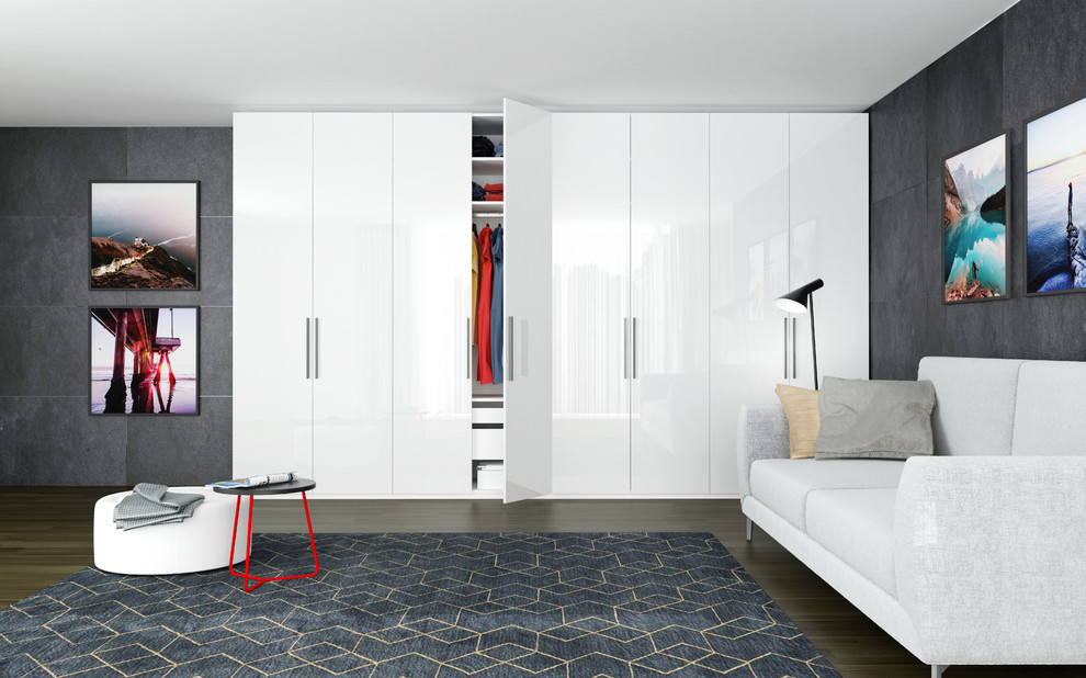 Свежая идея для дизайна: шкаф в нише среднего размера в стиле модернизм с плоскими фасадами и белыми фасадами - отличное фото интерьера