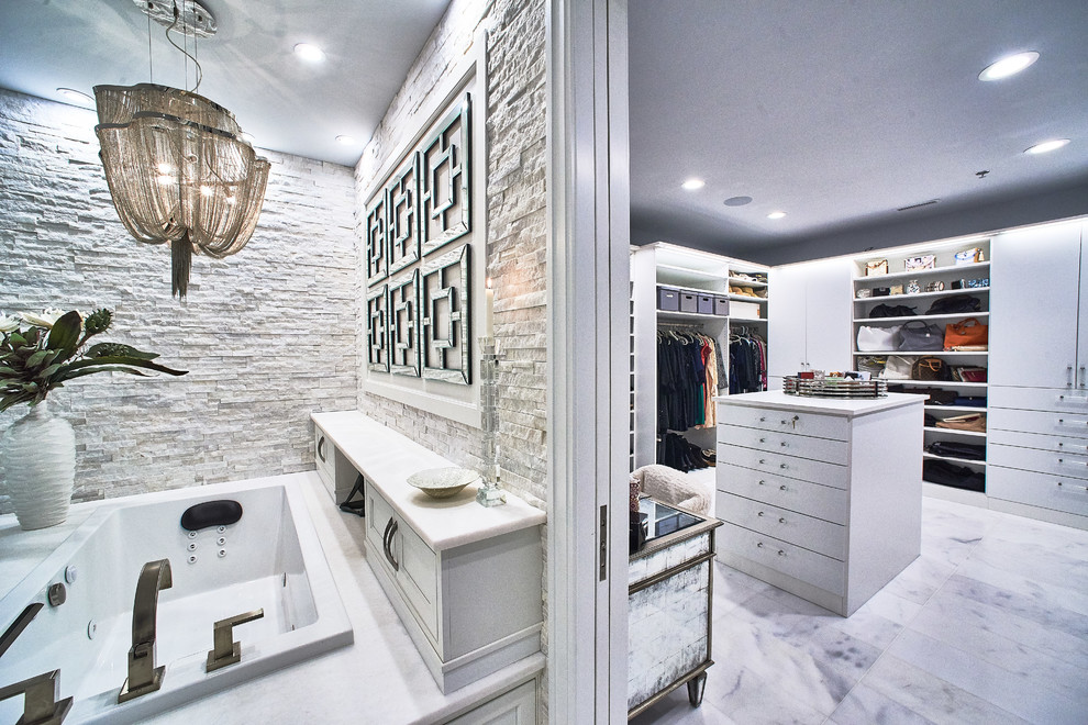 Walk-in closet - large contemporary gender-neutral marble floor and gray floor walk-in closet idea in Baltimore with flat-panel cabinets and white cabinets
