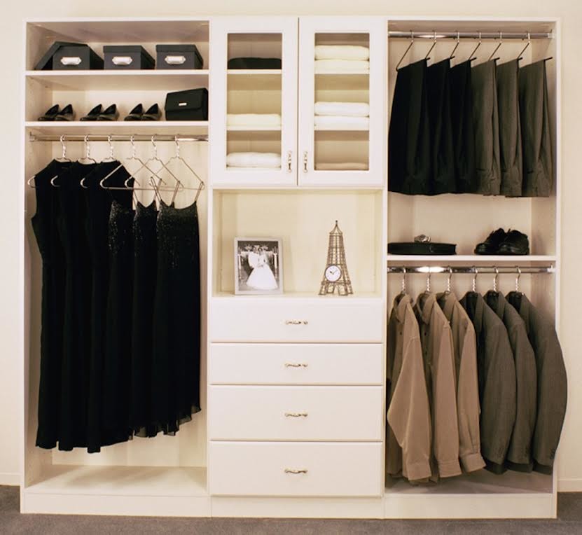 Dressing room - large traditional gender-neutral carpeted dressing room idea in Other with flat-panel cabinets and white cabinets