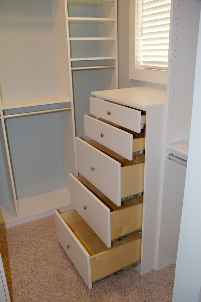 Diseño de armario unisex pequeño con puertas de armario blancas y moqueta