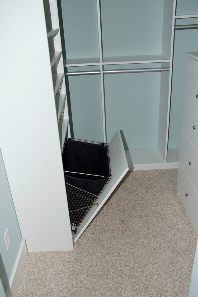 Modelo de armario unisex pequeño con puertas de armario blancas y moqueta