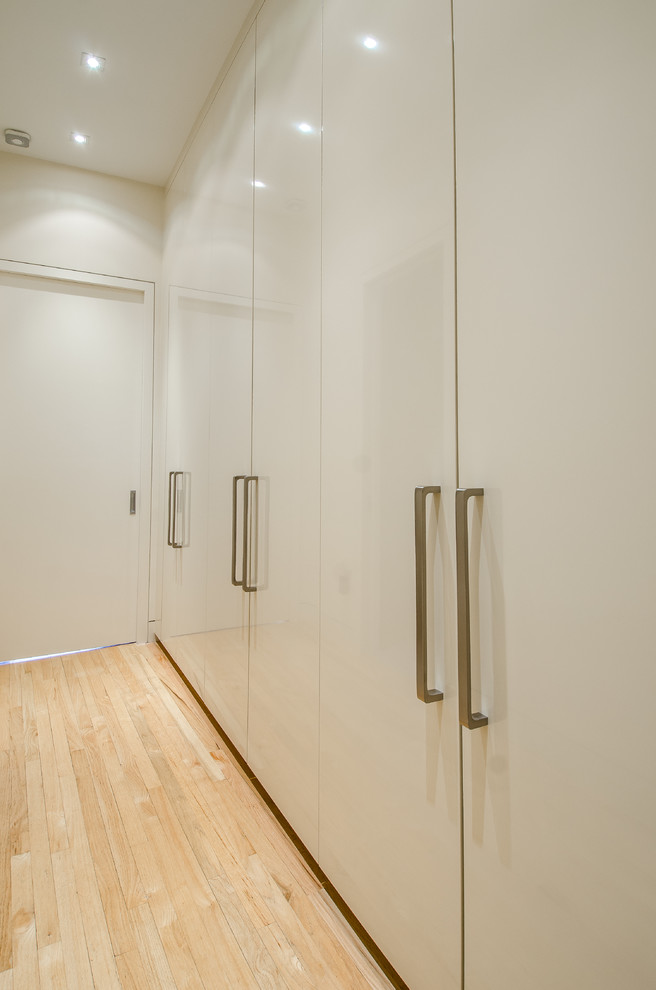 Photo of a large contemporary standard wardrobe in New York with flat-panel cabinets, beige cabinets and light hardwood flooring.