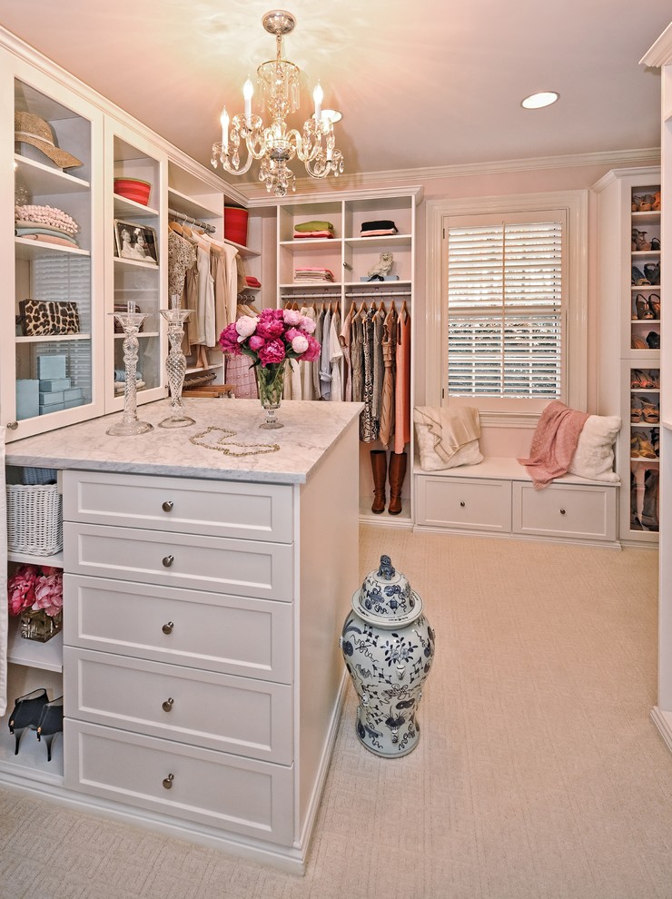 Inspiration for a large shabby-chic style walk-in wardrobe for women in Philadelphia with shaker cabinets, white cabinets, carpet and beige floors.