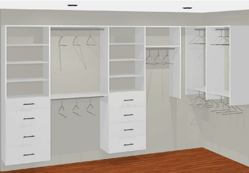 Foto de armario vestidor unisex minimalista de tamaño medio con armarios abiertos, puertas de armario blancas y suelo de madera oscura