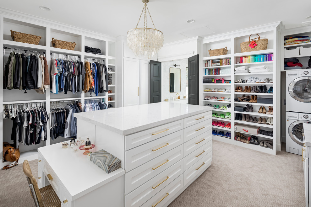 Large transitional gender-neutral carpeted and beige floor walk-in closet photo in Phoenix with shaker cabinets and white cabinets