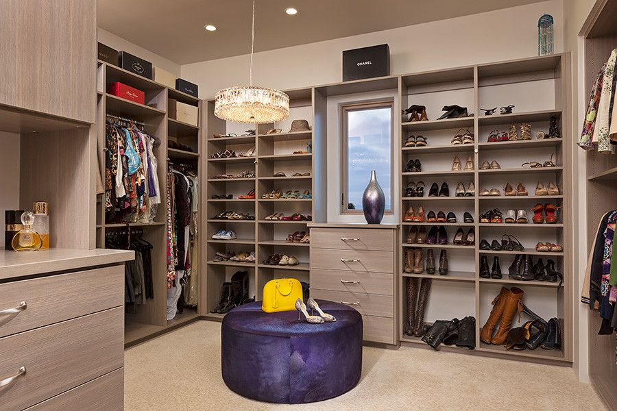 Walk-in closet - large contemporary women's carpeted walk-in closet idea in Orange County with flat-panel cabinets and light wood cabinets