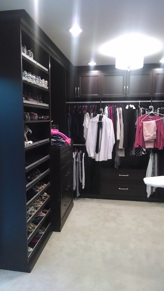Large minimalist gender-neutral carpeted and gray floor walk-in closet photo in St Louis with shaker cabinets and dark wood cabinets