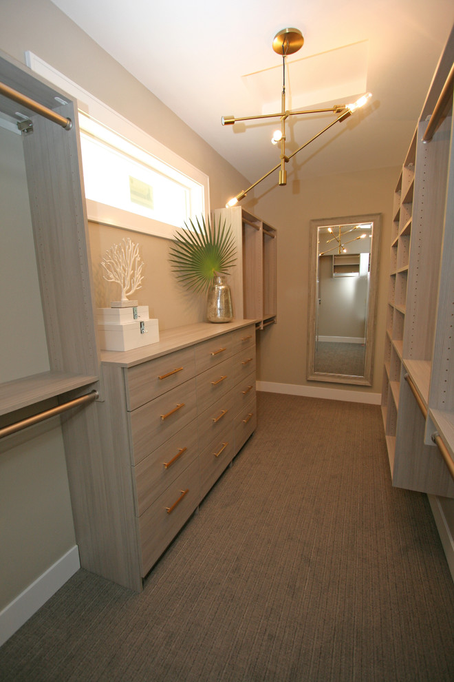 Imagen de armario vestidor unisex clásico renovado grande con armarios con paneles lisos, puertas de armario grises, moqueta y suelo gris