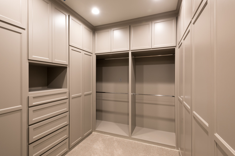 Mid-sized transitional gender-neutral carpeted and beige floor walk-in closet photo in Dallas with shaker cabinets and gray cabinets