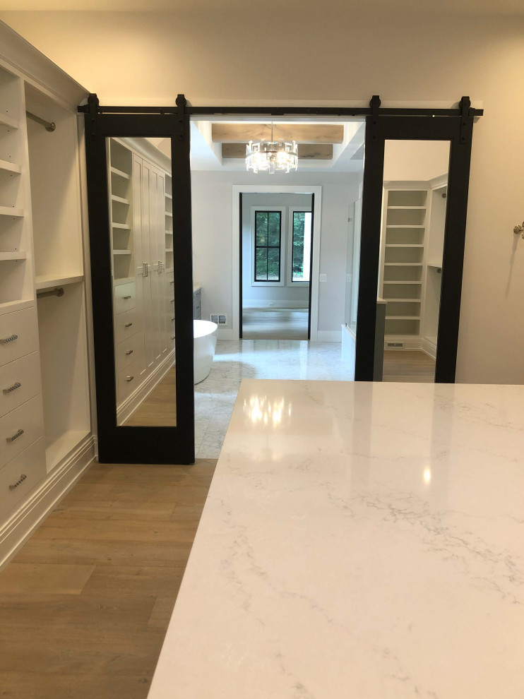 Large gender-neutral light wood floor walk-in closet photo in Detroit with white cabinets
