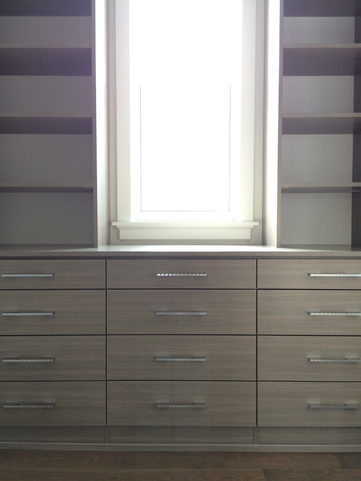 Imagen de armario vestidor unisex de estilo de casa de campo de tamaño medio con armarios con paneles lisos, puertas de armario grises y suelo de madera en tonos medios