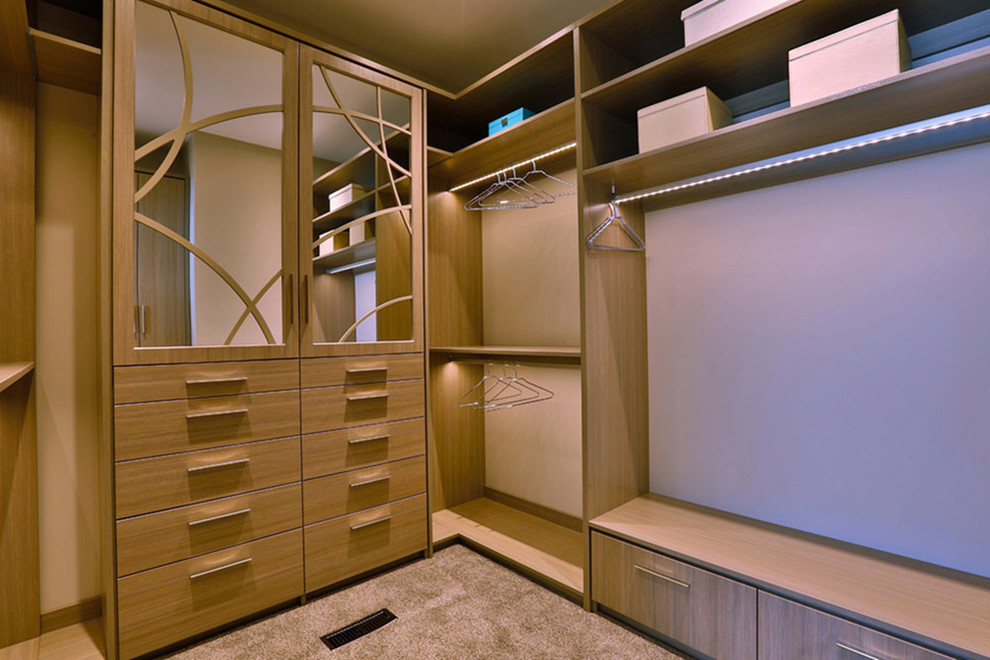 Foto di una grande cabina armadio unisex minimal con moquette, ante lisce e ante in legno chiaro