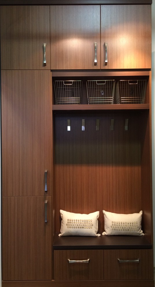 Immagine di un armadio o armadio a muro unisex minimalista di medie dimensioni con ante lisce e ante in legno bruno