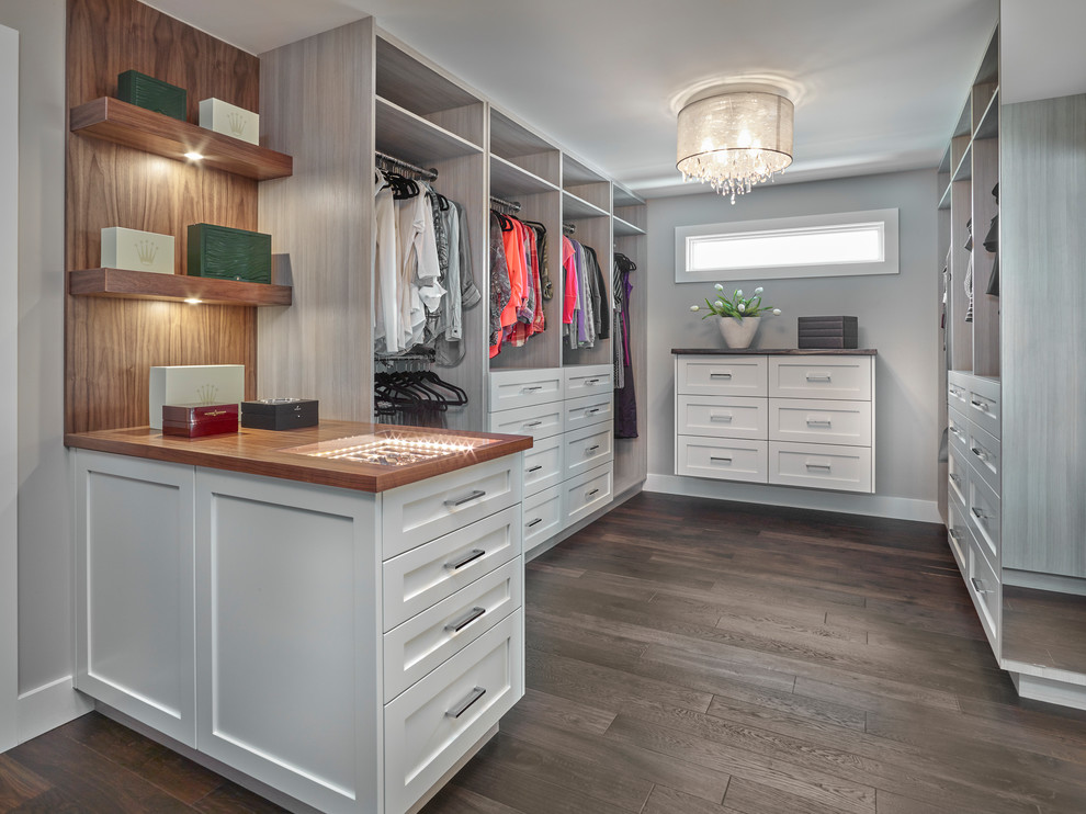 Diseño de armario vestidor clásico renovado con armarios con paneles empotrados y puertas de armario blancas