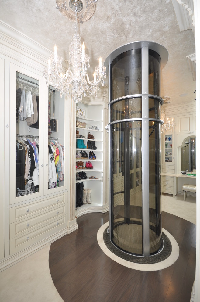 Idéer för ett stort klassiskt walk-in-closet för kvinnor, med vita skåp, mörkt trägolv och luckor med upphöjd panel