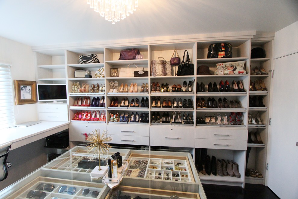 Walk-in closet - mid-sized modern women's walk-in closet idea in Detroit with open cabinets and white cabinets