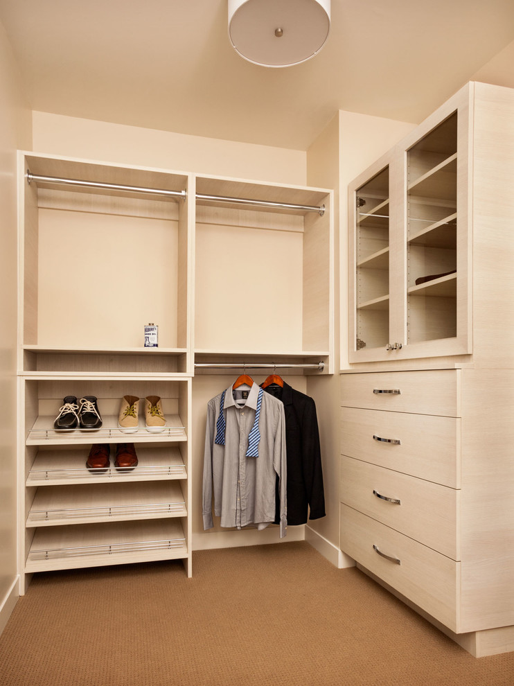Imagen de armario vestidor de hombre actual de tamaño medio con armarios con paneles lisos, puertas de armario blancas y moqueta