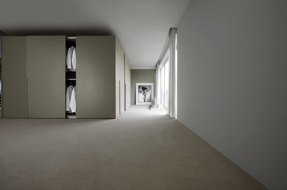 Ejemplo de armario unisex minimalista grande con armarios con paneles lisos, puertas de armario beige y moqueta