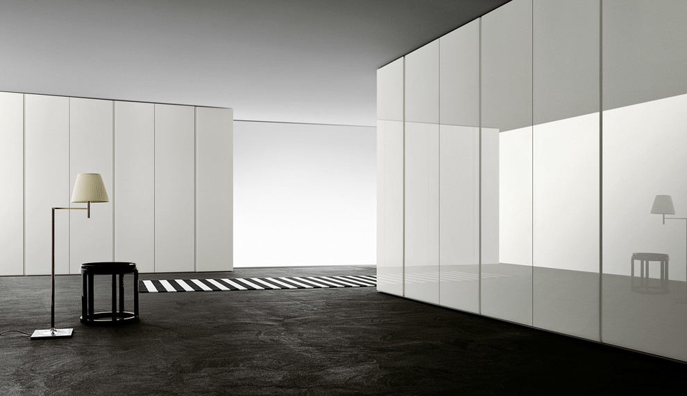Foto de armario unisex moderno grande con armarios con paneles lisos, puertas de armario blancas y moqueta