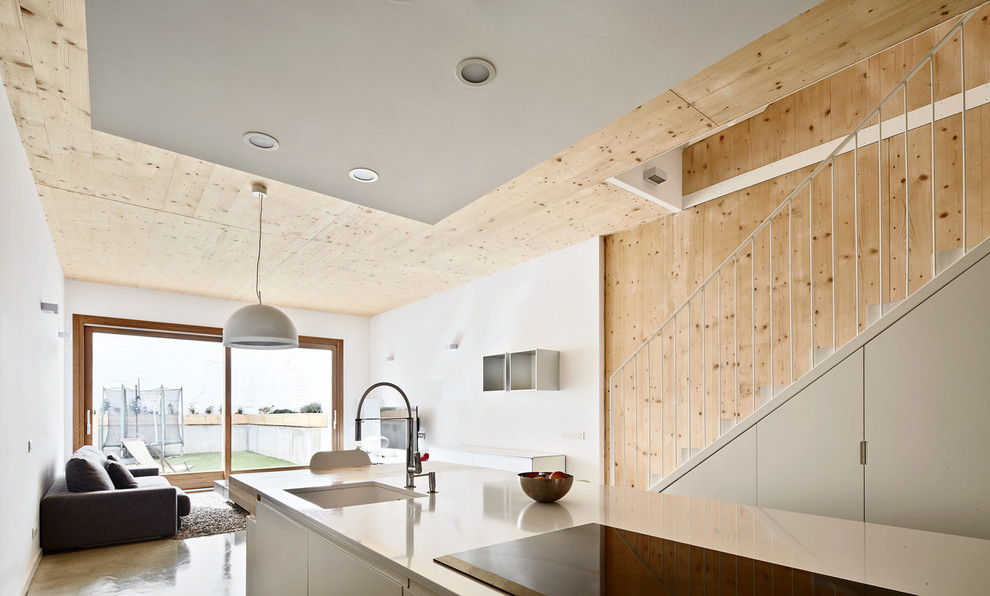 Immagine di una cucina ad ambiente unico nordica di medie dimensioni con ante lisce, ante bianche e pavimento in cemento