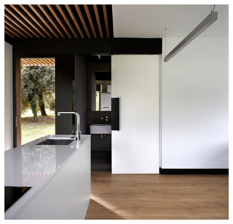 Design ideas for a medium sized contemporary single-wall open plan kitchen in Madrid with a single-bowl sink, flat-panel cabinets, white cabinets, stainless steel appliances, medium hardwood flooring and an island.
