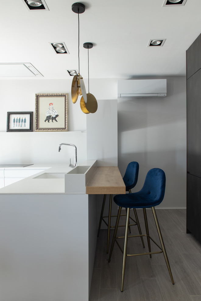 Inspiration för moderna vitt kök, med en undermonterad diskho, luckor med infälld panel, vita skåp, bänkskiva i kvarts, vitt stänkskydd, integrerade vitvaror, klinkergolv i porslin och grått golv