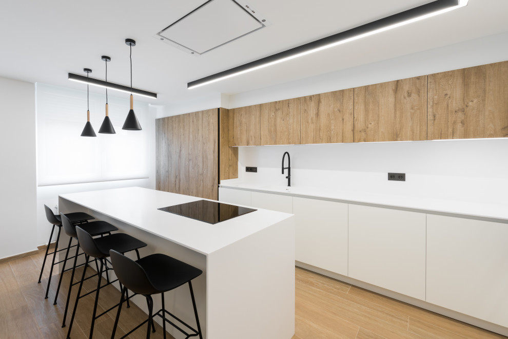 Design ideas for a medium sized modern kitchen in Other with flat-panel cabinets, an island, brown floors, white worktops, white cabinets and porcelain flooring.