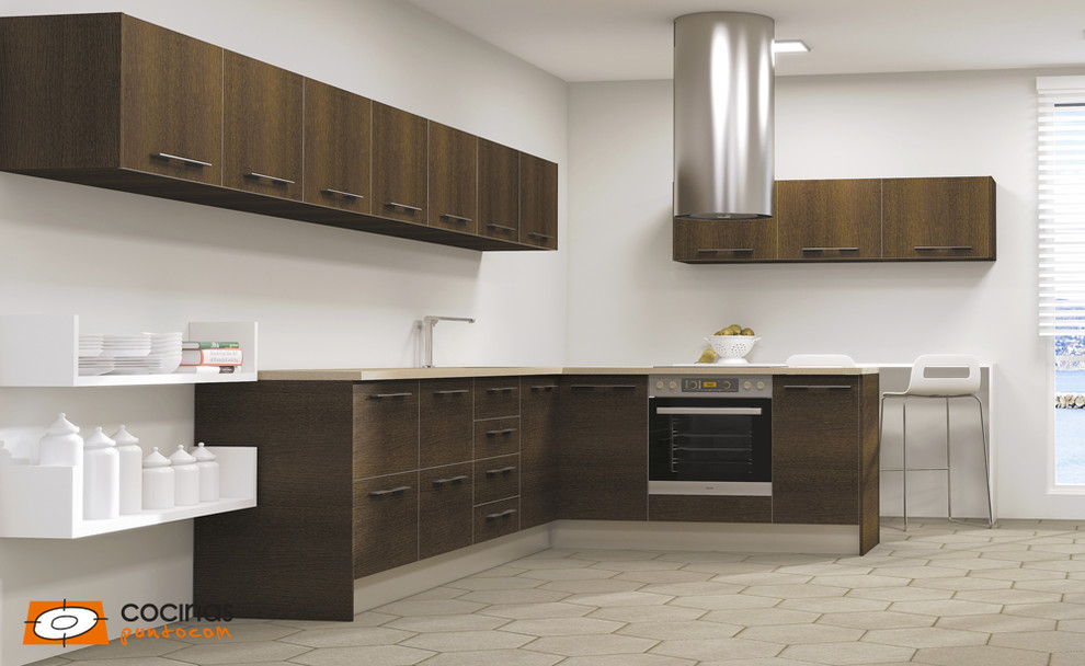 Example of a large transitional l-shaped ceramic tile and beige floor eat-in kitchen design in Other with a single-bowl sink, flat-panel cabinets, dark wood cabinets, white backsplash, stainless steel appliances and no island