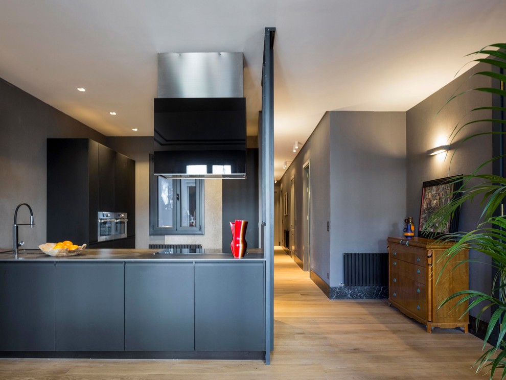 Inspiration for a medium sized contemporary open plan kitchen in Bilbao with flat-panel cabinets, black cabinets, stainless steel appliances, a breakfast bar and light hardwood flooring.