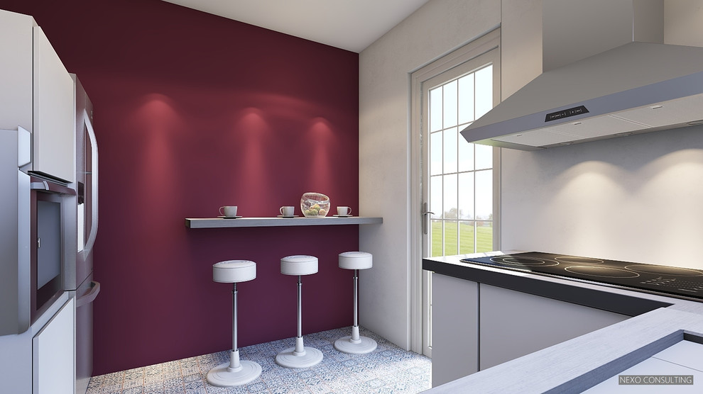 Exempel på ett mellanstort modernt grå grått kök, med en nedsänkt diskho, vita skåp, bänkskiva i kvarts, flerfärgad stänkskydd, rostfria vitvaror, linoleumgolv och flerfärgat golv