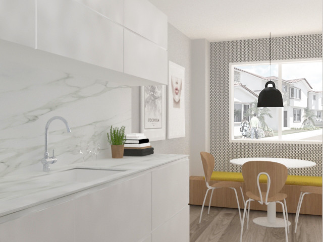 Example of a mid-sized danish u-shaped ceramic tile and gray floor enclosed kitchen design in Madrid with an undermount sink, flat-panel cabinets, white cabinets, quartz countertops, white backsplash, marble backsplash, paneled appliances and no island
