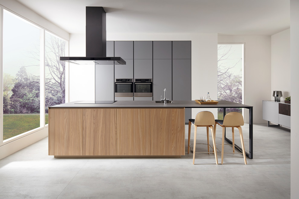Идея дизайна: прямая кухня-гостиная среднего размера в современном стиле с плоскими фасадами, серыми фасадами и островом