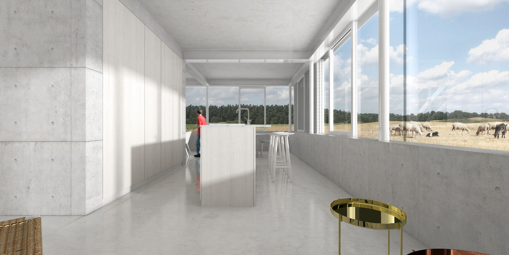 Esempio di una cucina design di medie dimensioni con lavello integrato, ante lisce, ante in legno chiaro, top in marmo, elettrodomestici da incasso, pavimento in cemento e pavimento grigio