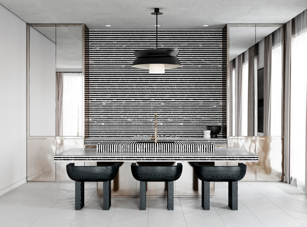 Example of a large trendy porcelain tile and gray floor dining room design in Other