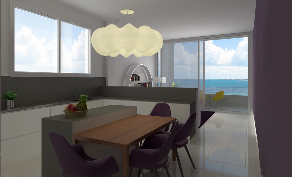 На фото: п-образная кухня в современном стиле с обеденным столом, одинарной мойкой, плоскими фасадами, белыми фасадами, фартуком из сланца и островом с